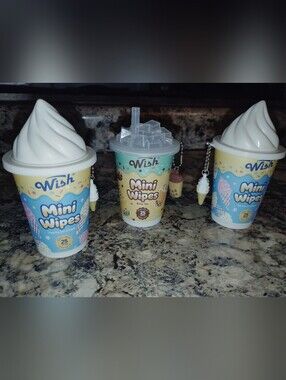 Three Wish mini wipe cups with playful ice cream cup design. New3